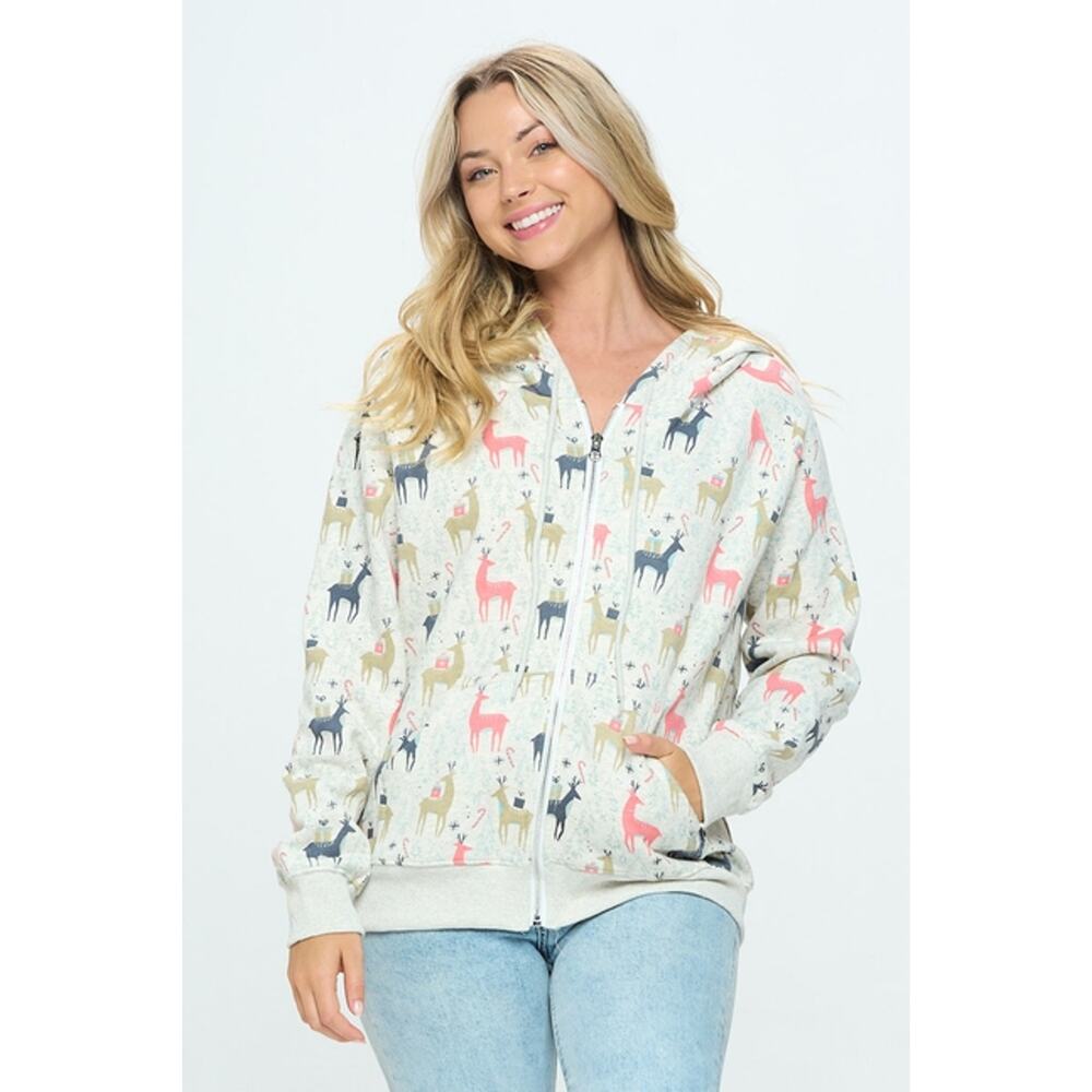 SM Wardrobe Size Medium Colorful Reindeer Print Zip Up Hoodie